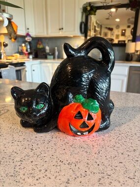 Antique Black Ceramic Halloween Cat with Orange Pumpkin Accent